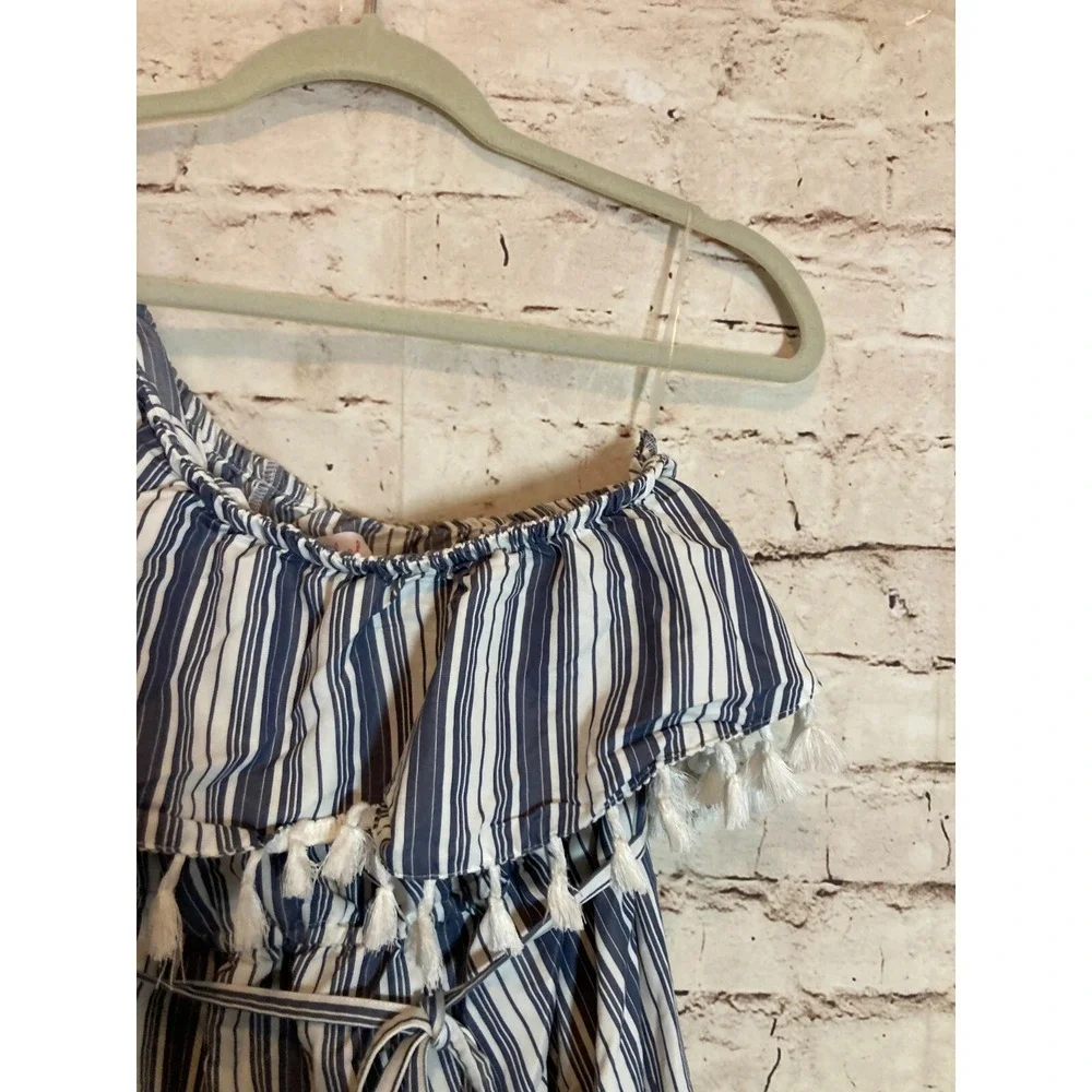 Isabel Maternity Dress Womens Medium Blue Vertical Striped Tasseled One Shoulder - Picture 9 of 16